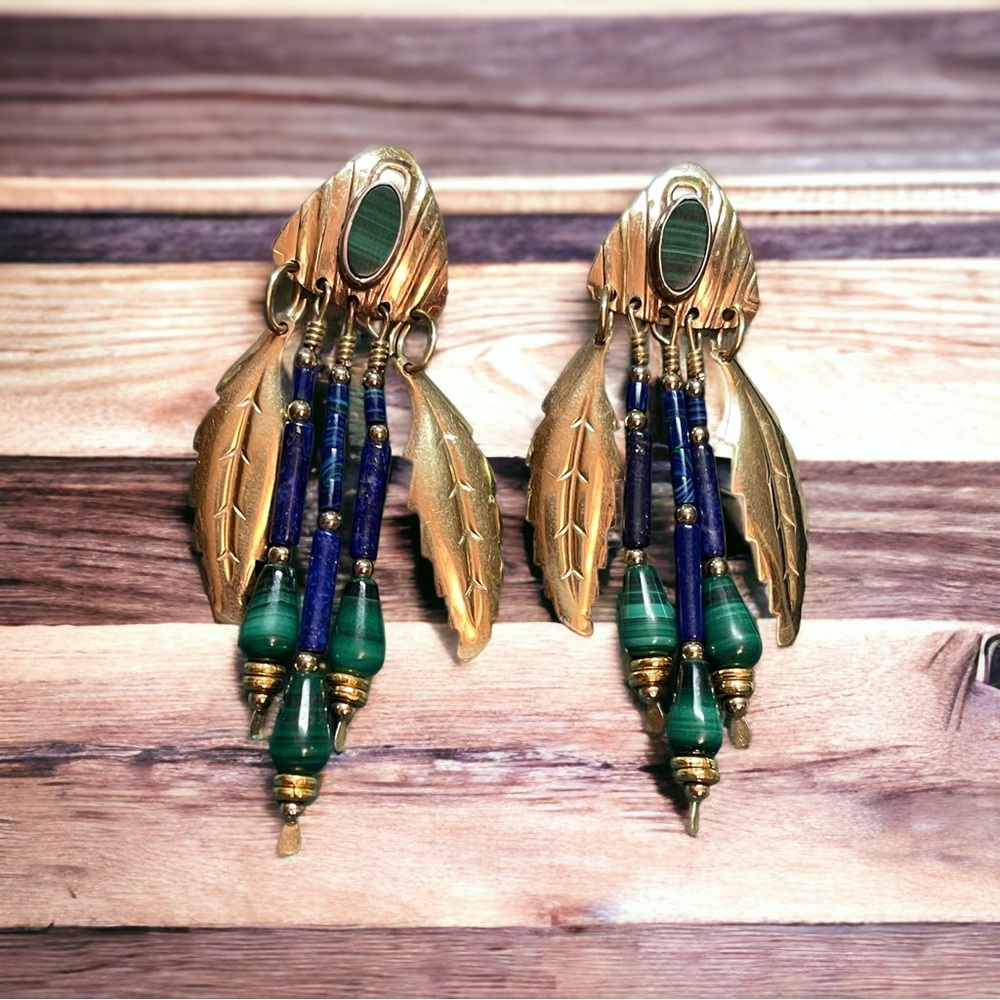 Vintage Hand Signed Tabra Handmade Earrings Malachite Gold filled bohemian